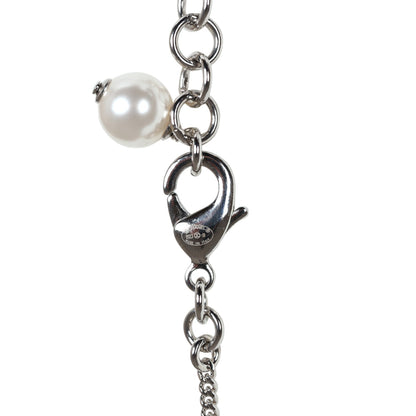 Chanel Silver Metal, White Strass, and White Pearl Logo and Hearts Sautoir Necklace