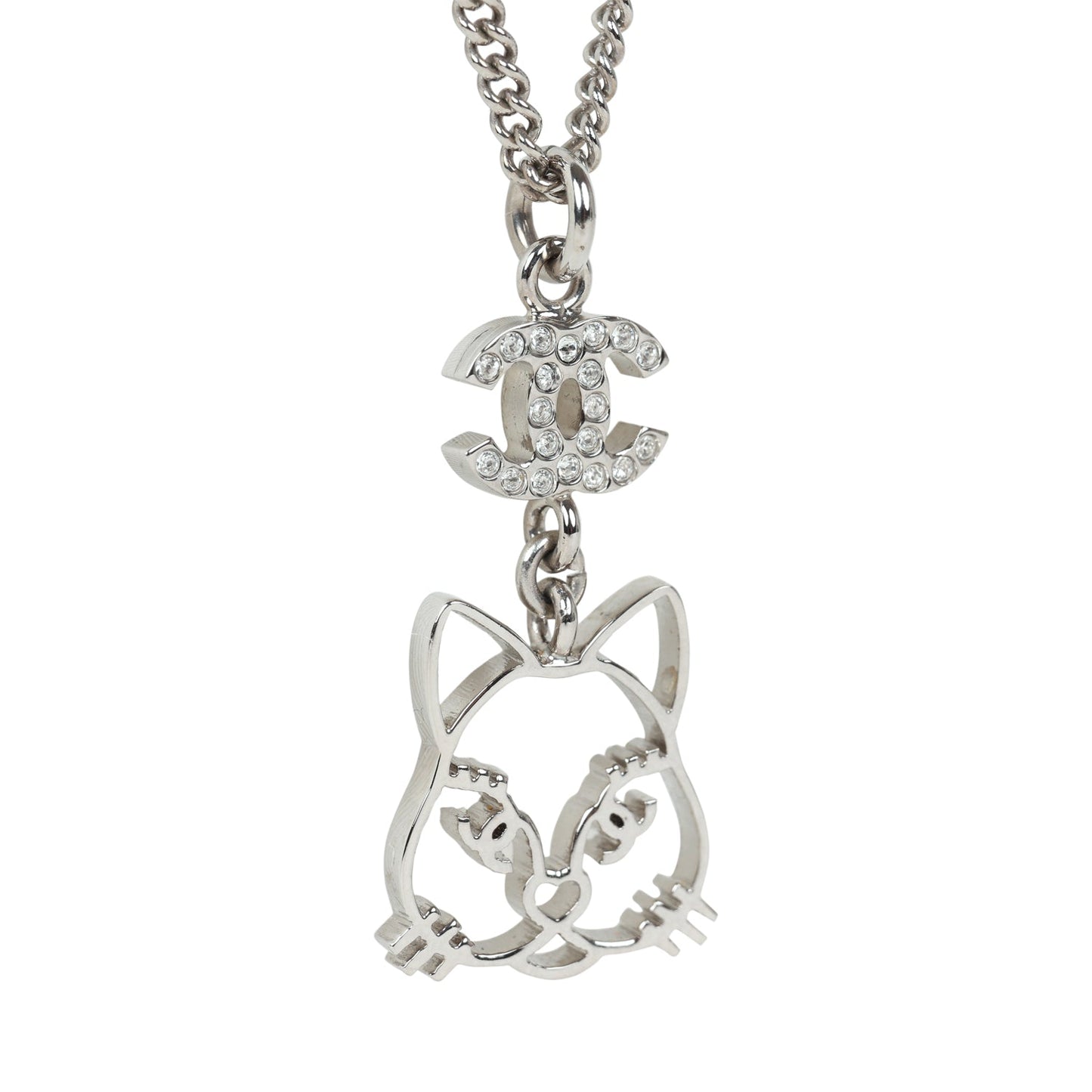 Chanel Silver CC Crystal Choupette Cat Emoji Pendant Necklace