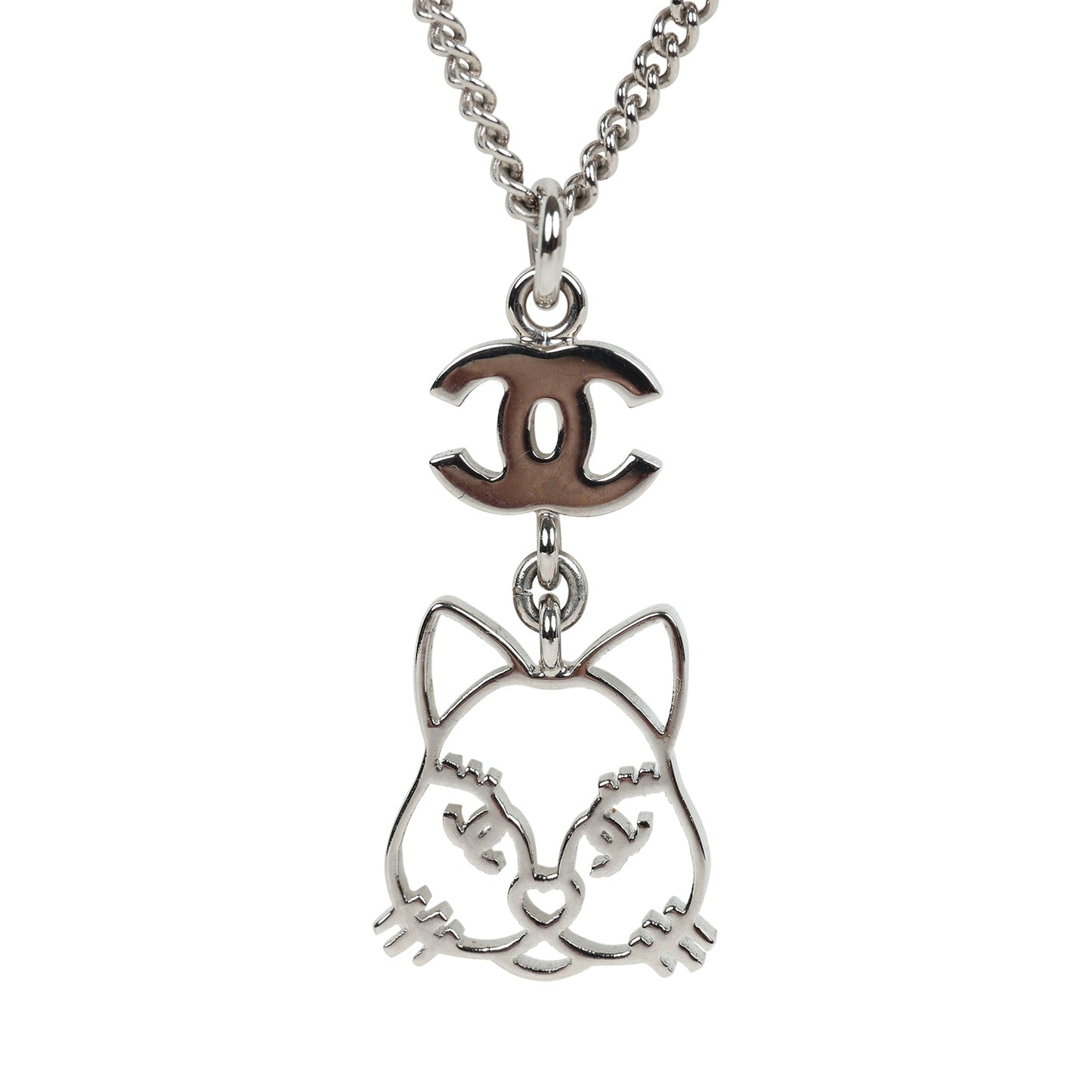 Chanel Silver CC Crystal Choupette Cat Emoji Pendant Necklace