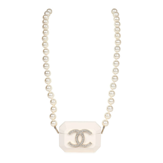 Chanel Crystal CC Resin & Pearls Airpod Pro Case Necklace Light Gold Hardware