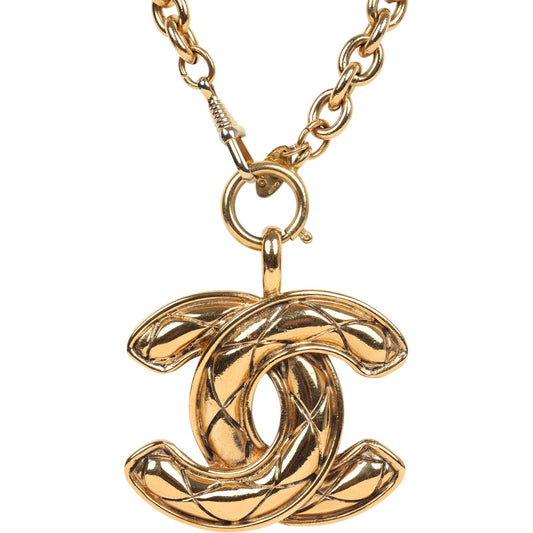 Chanel Vintage 24K Gold Plated Large CC Quilted Pendant Necklace