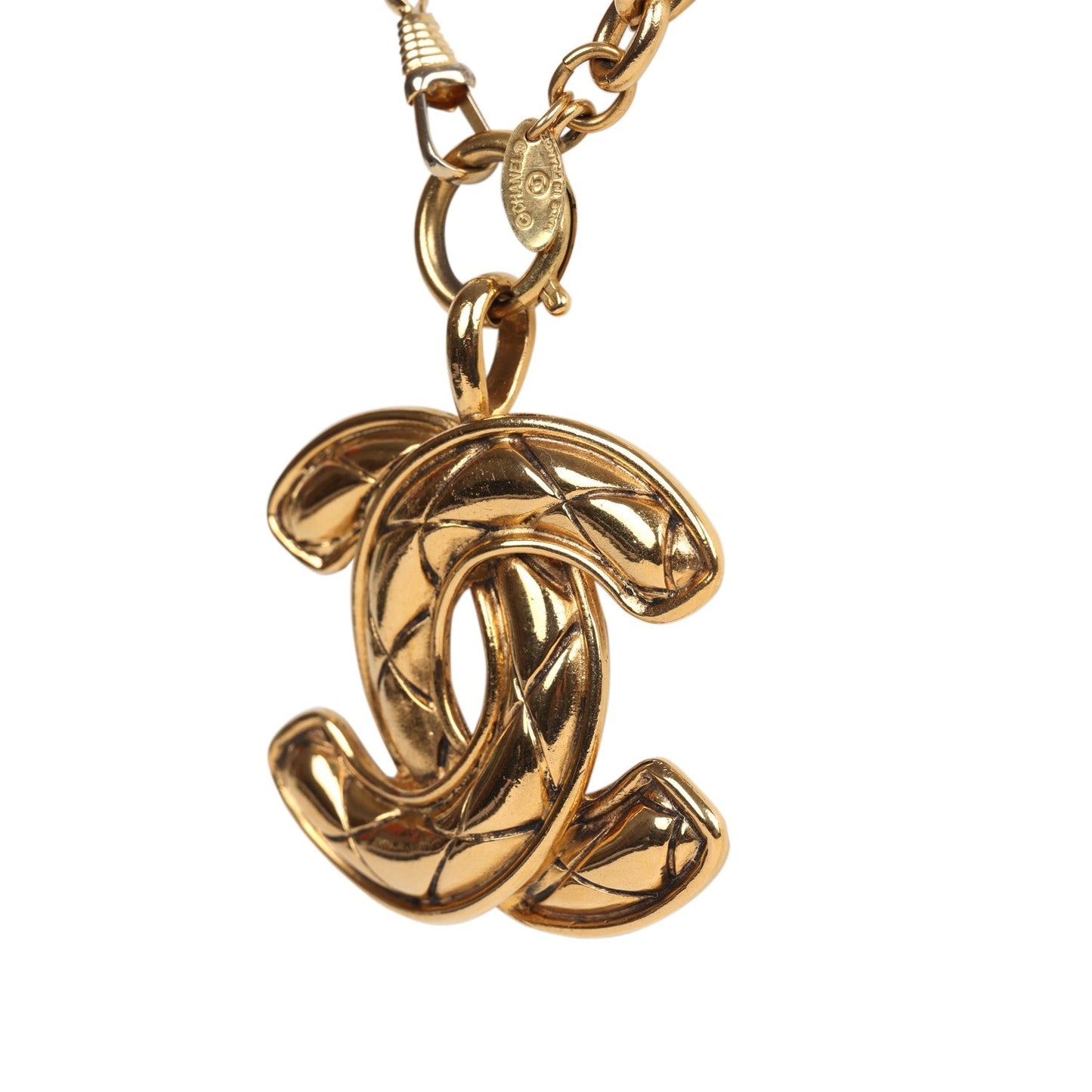 Chanel Vintage 24K Gold Plated Large CC Quilted Pendant Necklace
