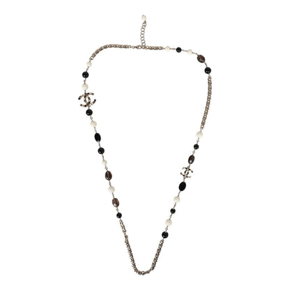 Chanel CC Long Beaded Necklace White/Black/Grey Light Gold Hardware