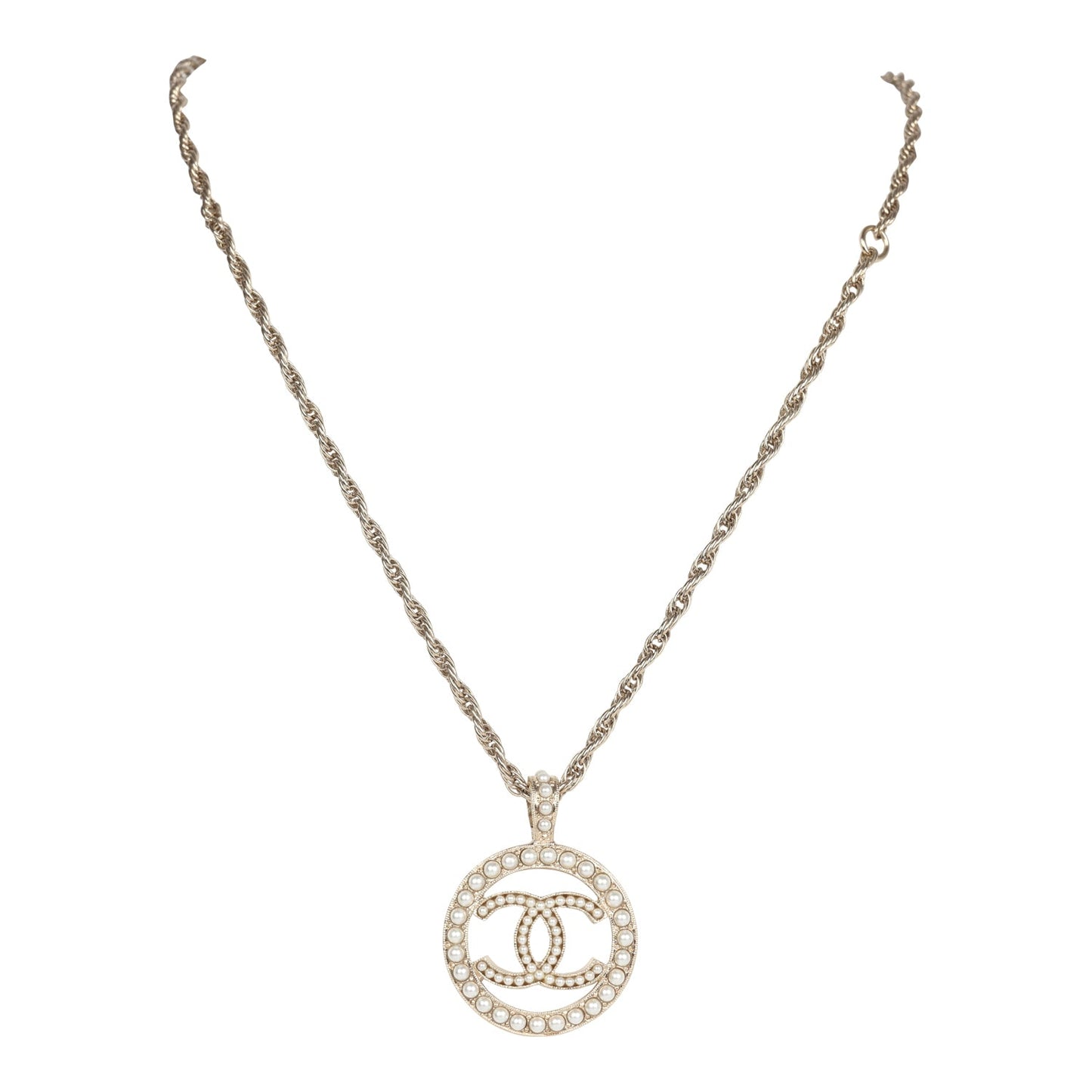 Chanel Round CC Pearl Pendant Necklace Light Gold Hardware