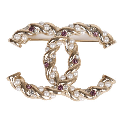 Chanel Twisted CC Crystal and Faux Pearl Brooch Light Pink Gold Metal