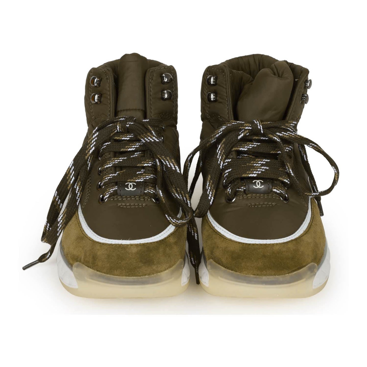 Chanel CC Hightop Winter Sneakers Olive Green Nylon and Suede 35
