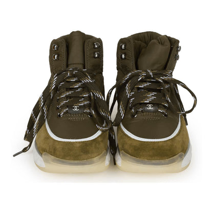 Chanel CC Hightop Winter Sneakers Olive Green Nylon and Suede 35