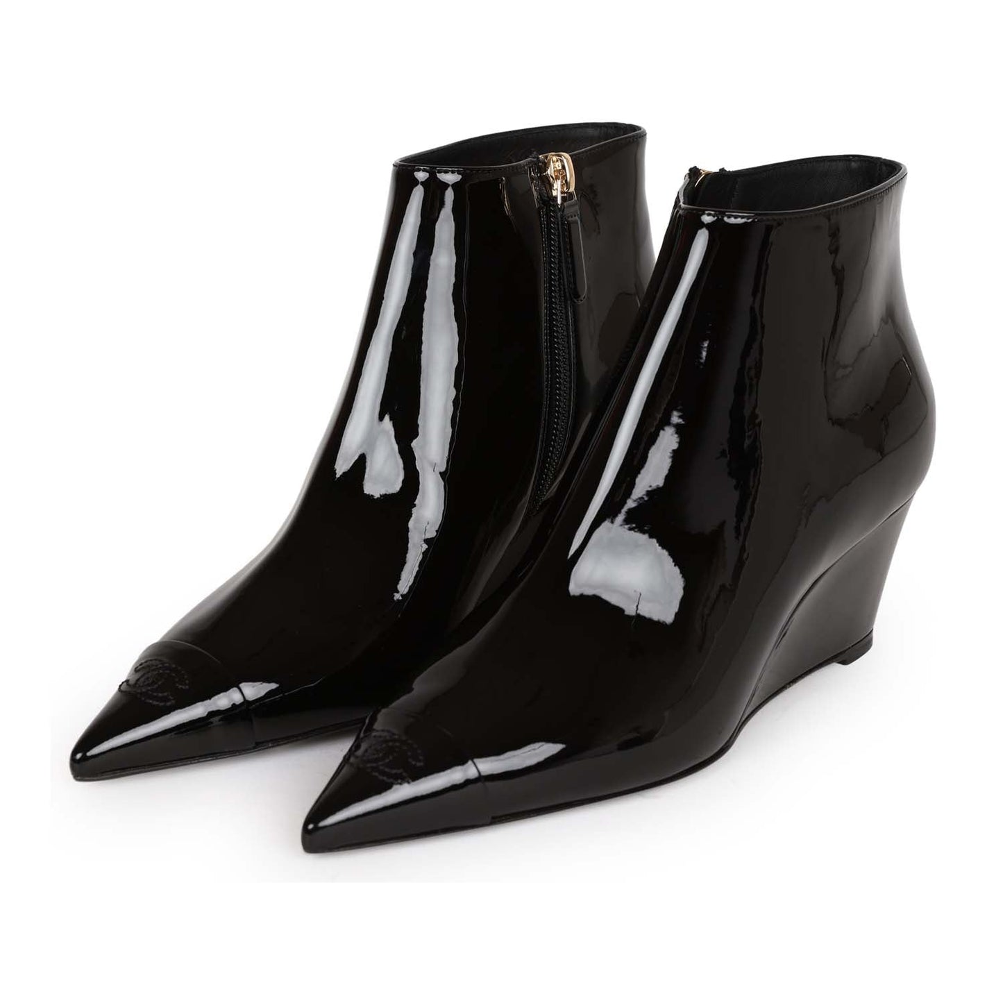 Chanel CC Wedge Ankle Boots Black Patent Leather 36.5