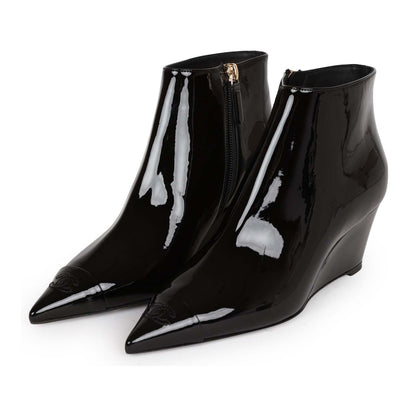 Chanel CC Wedge Ankle Boots Black Patent Leather 36.5