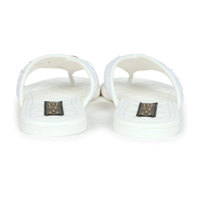 Chanel CC Logo Thong Sandals White Lambskin & Tweed 38 EU Gold Hardware