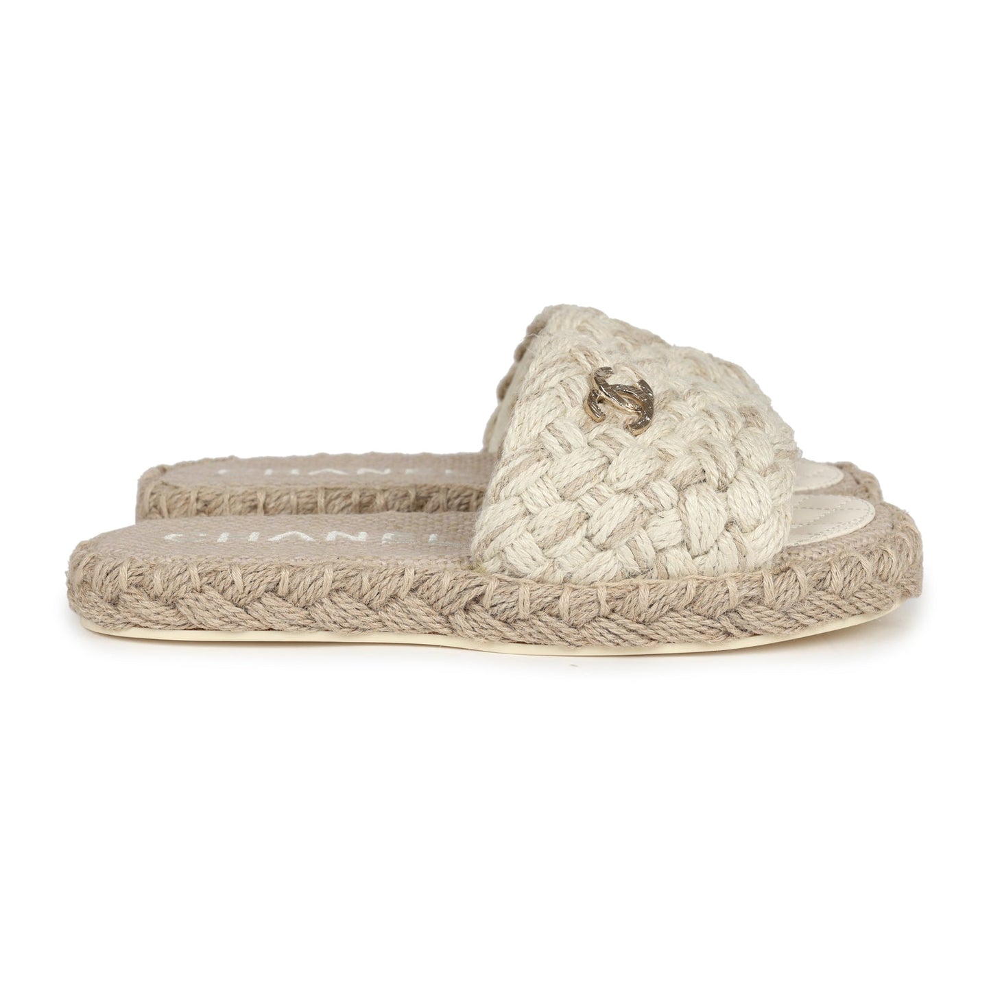 Chanel CC Braided Knit Interlocking Slide Sandals Cream Gold Hardware 37 EU