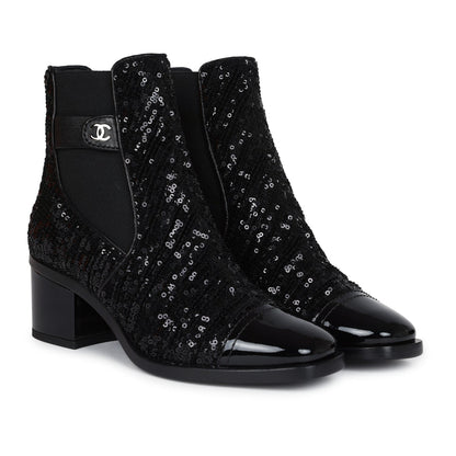 Chanel Cap Toe Ankle Boots Black Sequin Patent EU 35.5