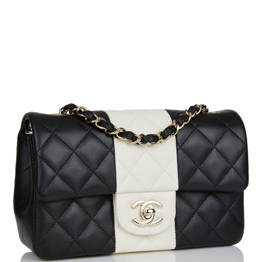 Chanel Mini Rectangular Flap Bag Black and White Lambskin Light Gold Hardware