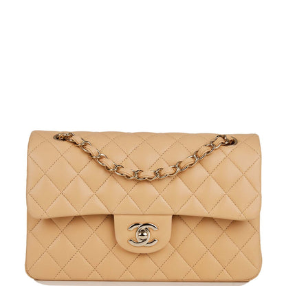 Chanel Small Classic Double Flap Beige Quilted Lambskin Light Gold Hardware