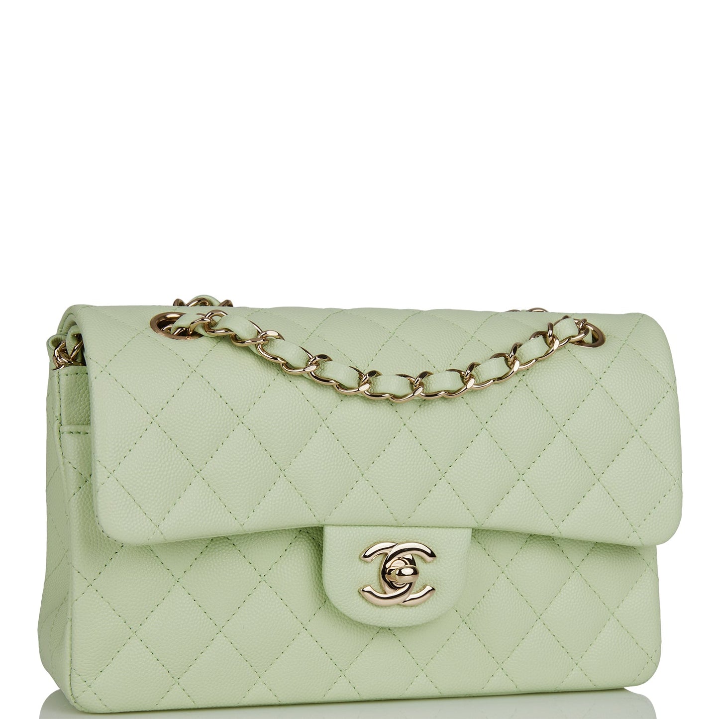 Chanel Small Classic Double Flap Light Green Caviar Light Gold Hardware