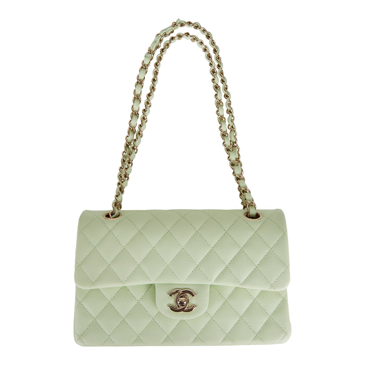 Chanel Small Classic Double Flap Light Green Caviar Light Gold Hardware
