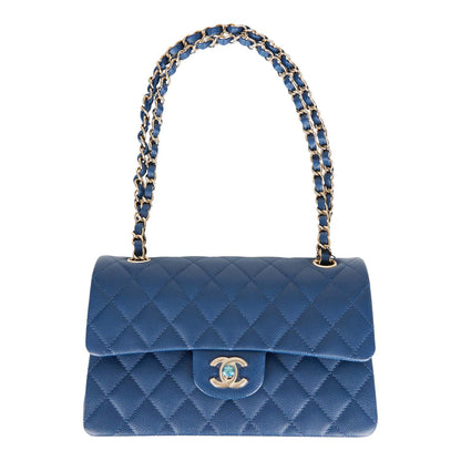 Chanel Small Classic Double Flap Dark Blue Caviar Light Gold Hardware