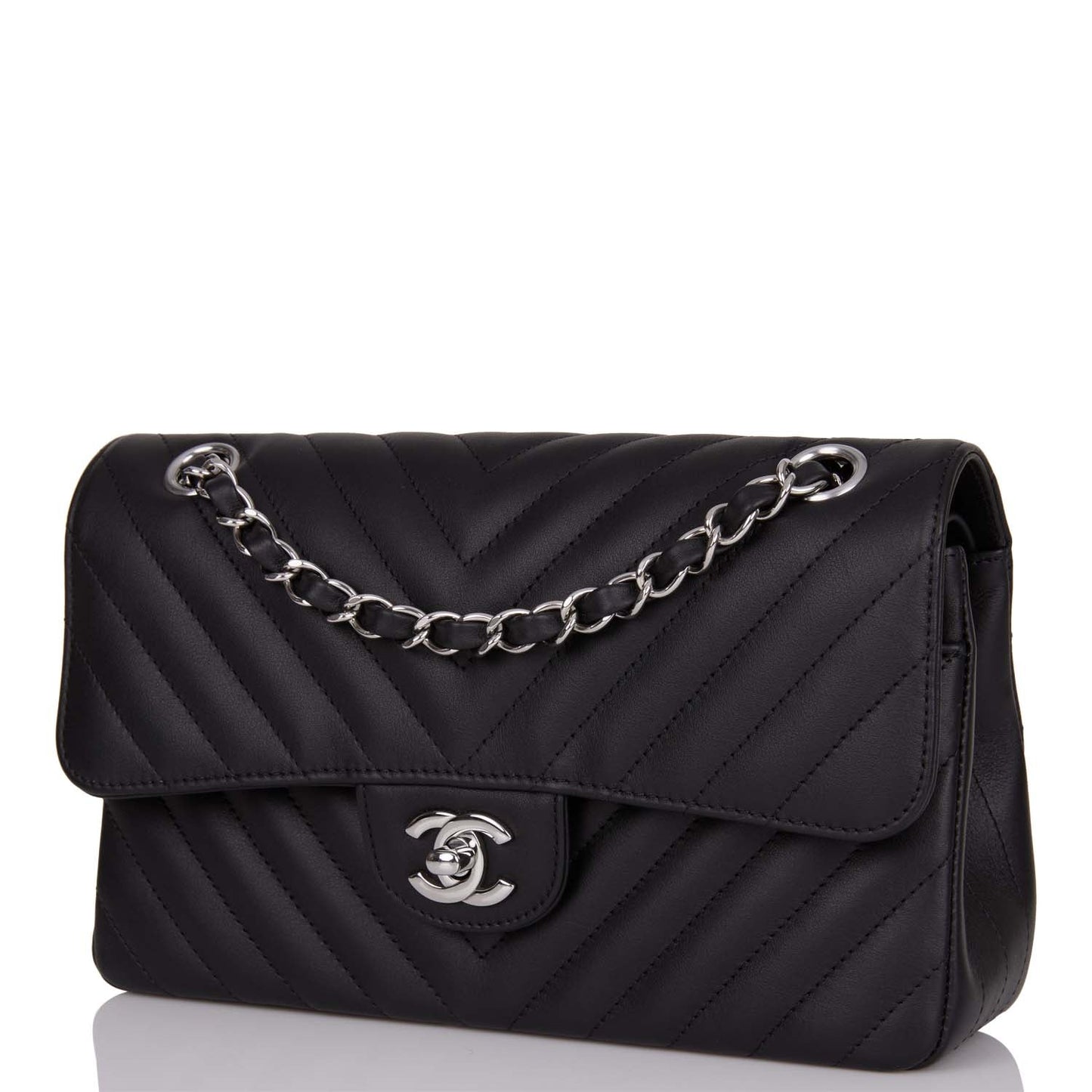 Chanel Small Chevron Classic Double Flap Black Calfskin Silver Hardware
