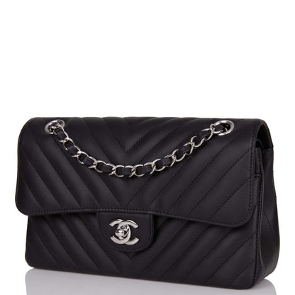 Chanel Small Chevron Classic Double Flap Black Calfskin Silver Hardware