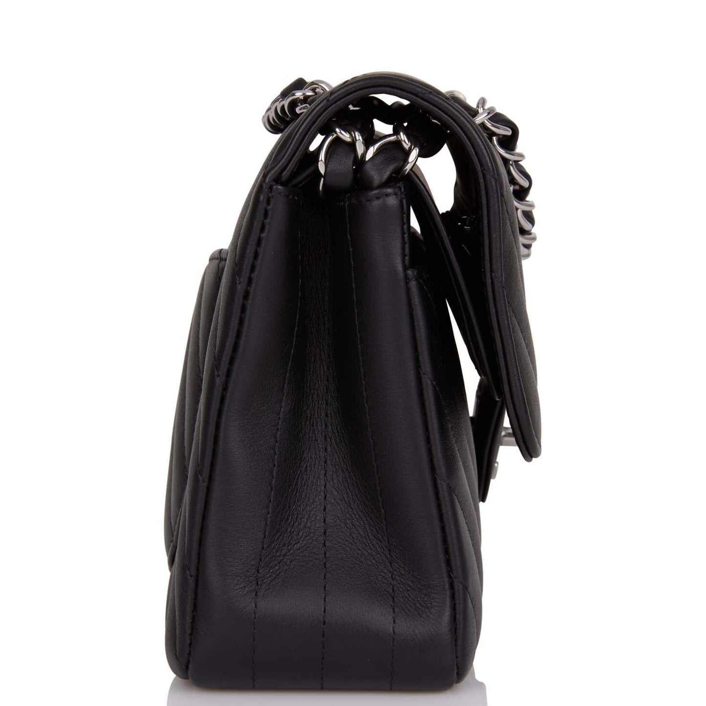 Chanel Small Chevron Classic Double Flap Black Calfskin Silver Hardware