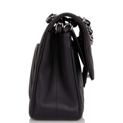 Chanel Small Chevron Classic Double Flap Black Calfskin Silver Hardware