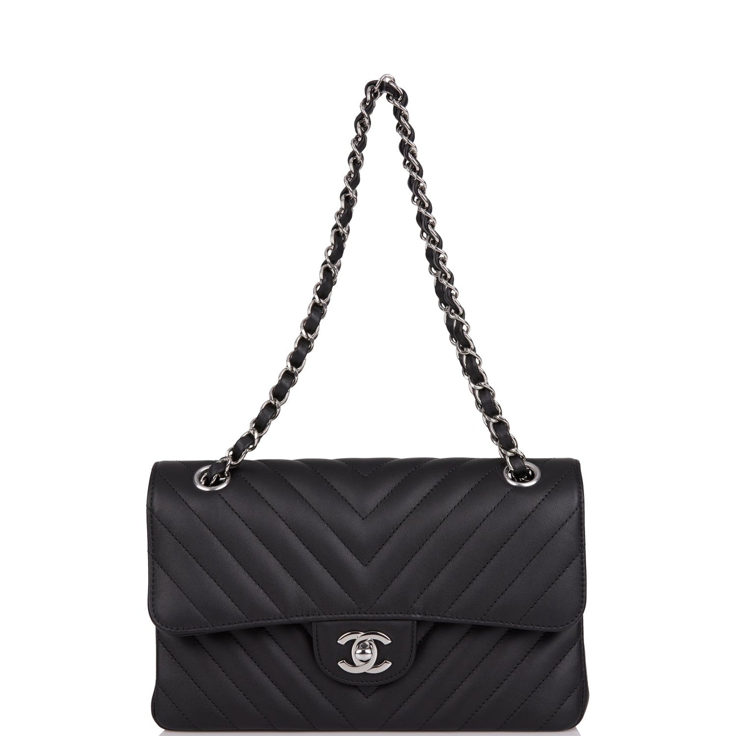 Chanel Small Chevron Classic Double Flap Black Calfskin Silver Hardware