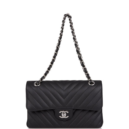 Chanel Small Chevron Classic Double Flap Black Calfskin Silver Hardware