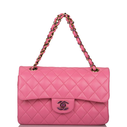 Chanel Pink Quilted Lambskin Small Classic Double Flap Bag Rainbow Hardware