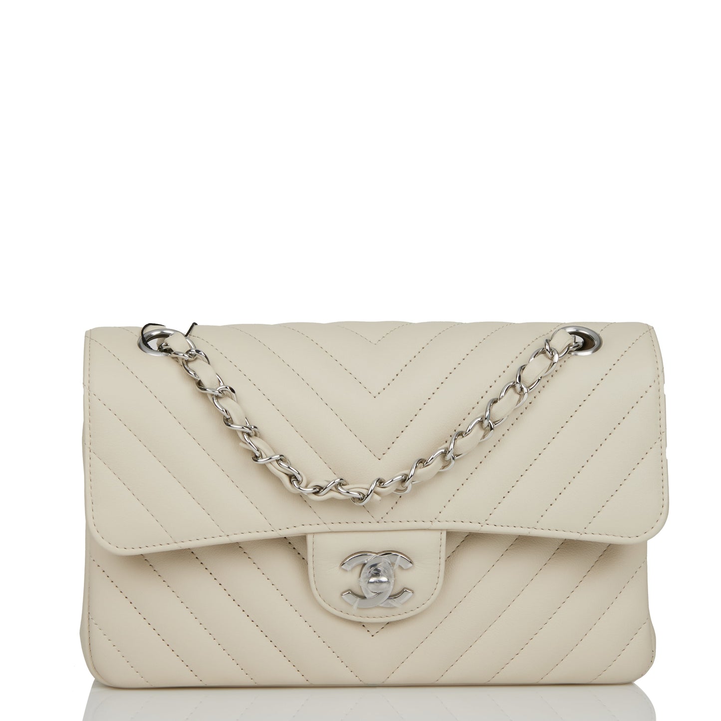 Chanel Small Chevron Classic Double Flap Ecru Calfskin Silver Hardware