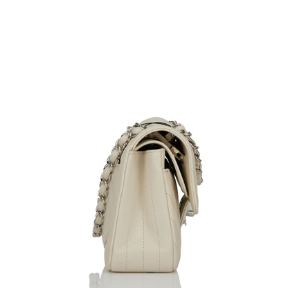 Chanel Small Chevron Classic Double Flap Ecru Calfskin Silver Hardware