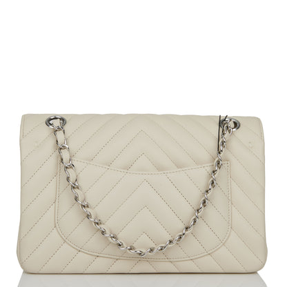 Chanel Small Chevron Classic Double Flap Ecru Calfskin Silver Hardware