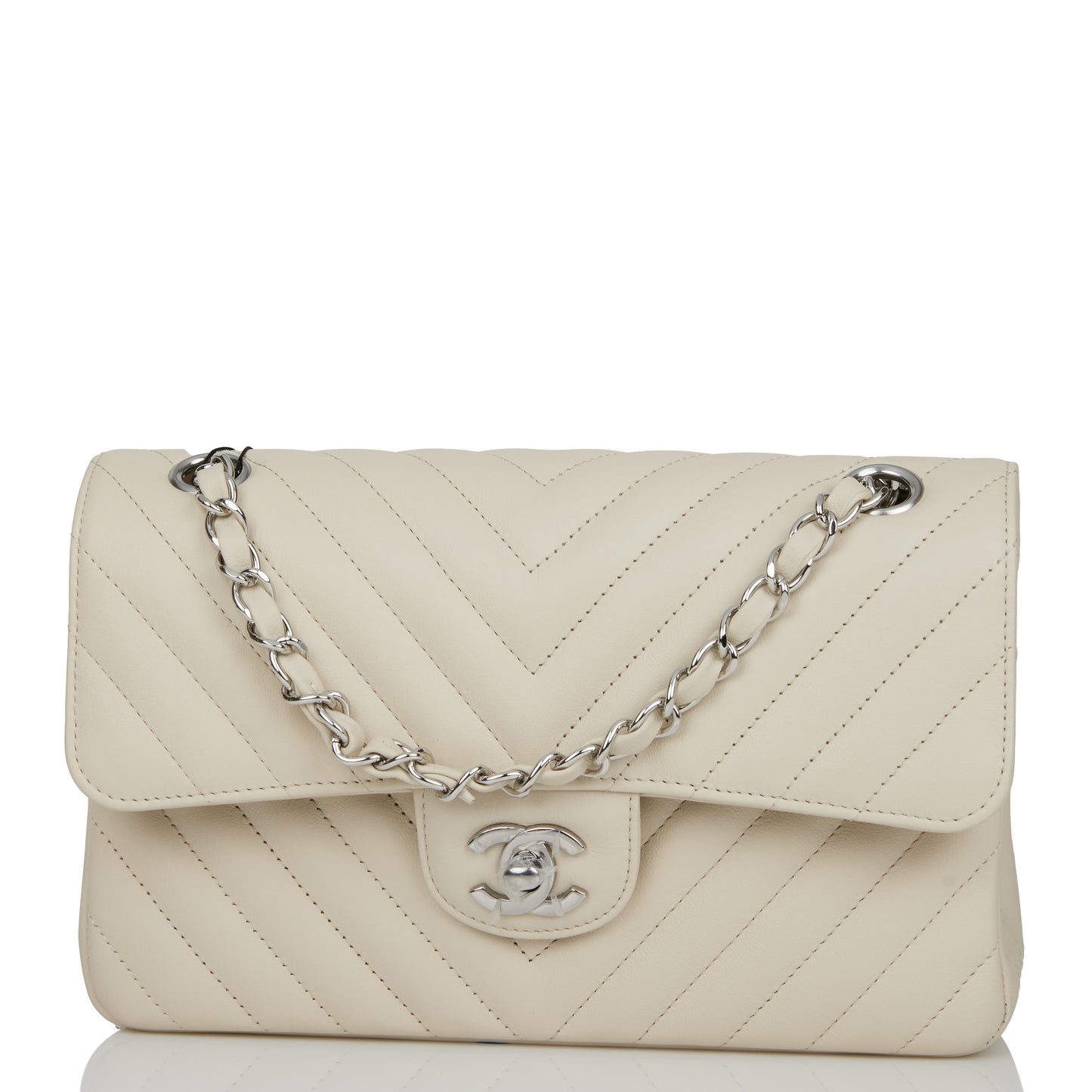 Chanel Small Chevron Classic Double Flap Ecru Calfskin Silver Hardware