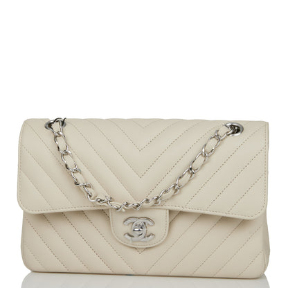 Chanel Small Chevron Classic Double Flap Ecru Calfskin Silver Hardware