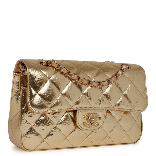 Chanel Small Classic Double Flap Hammered Gold Metallic Calfskin Gold Hardware