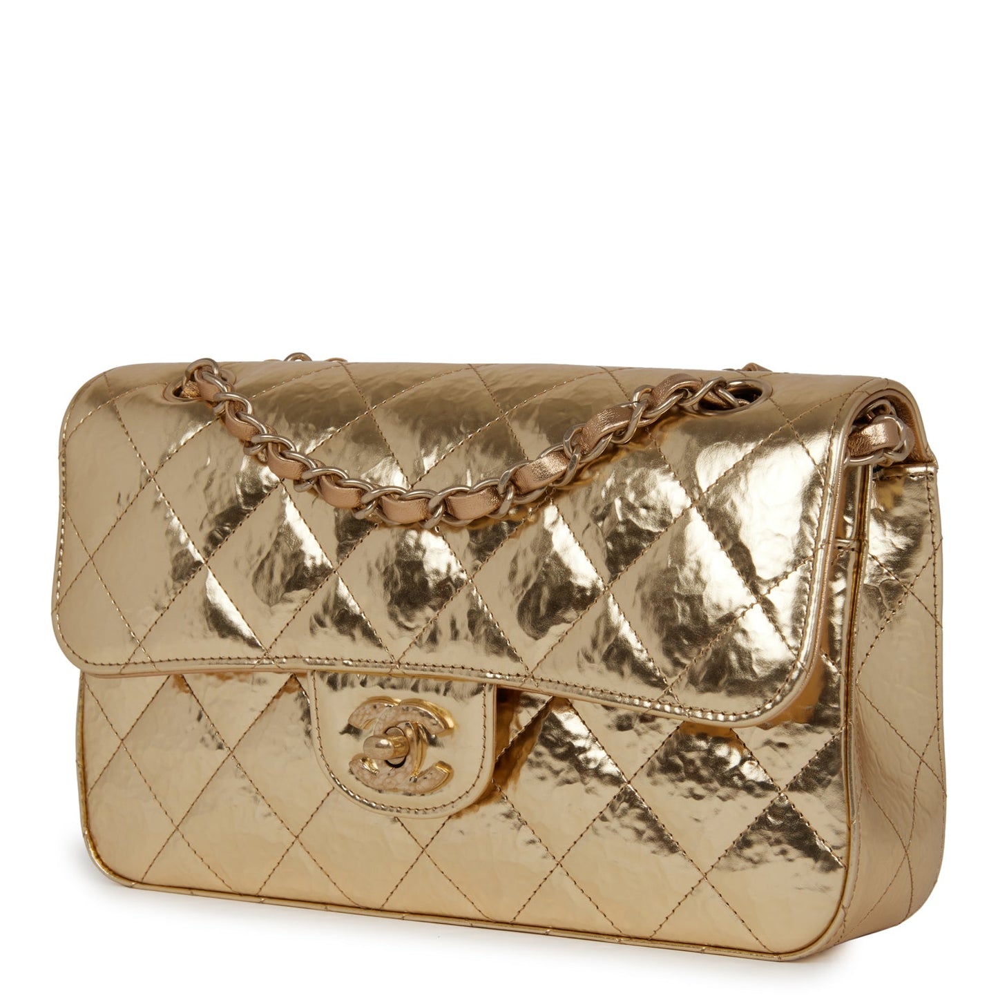 Chanel Small Classic Double Flap Hammered Gold Metallic Calfskin Gold Hardware