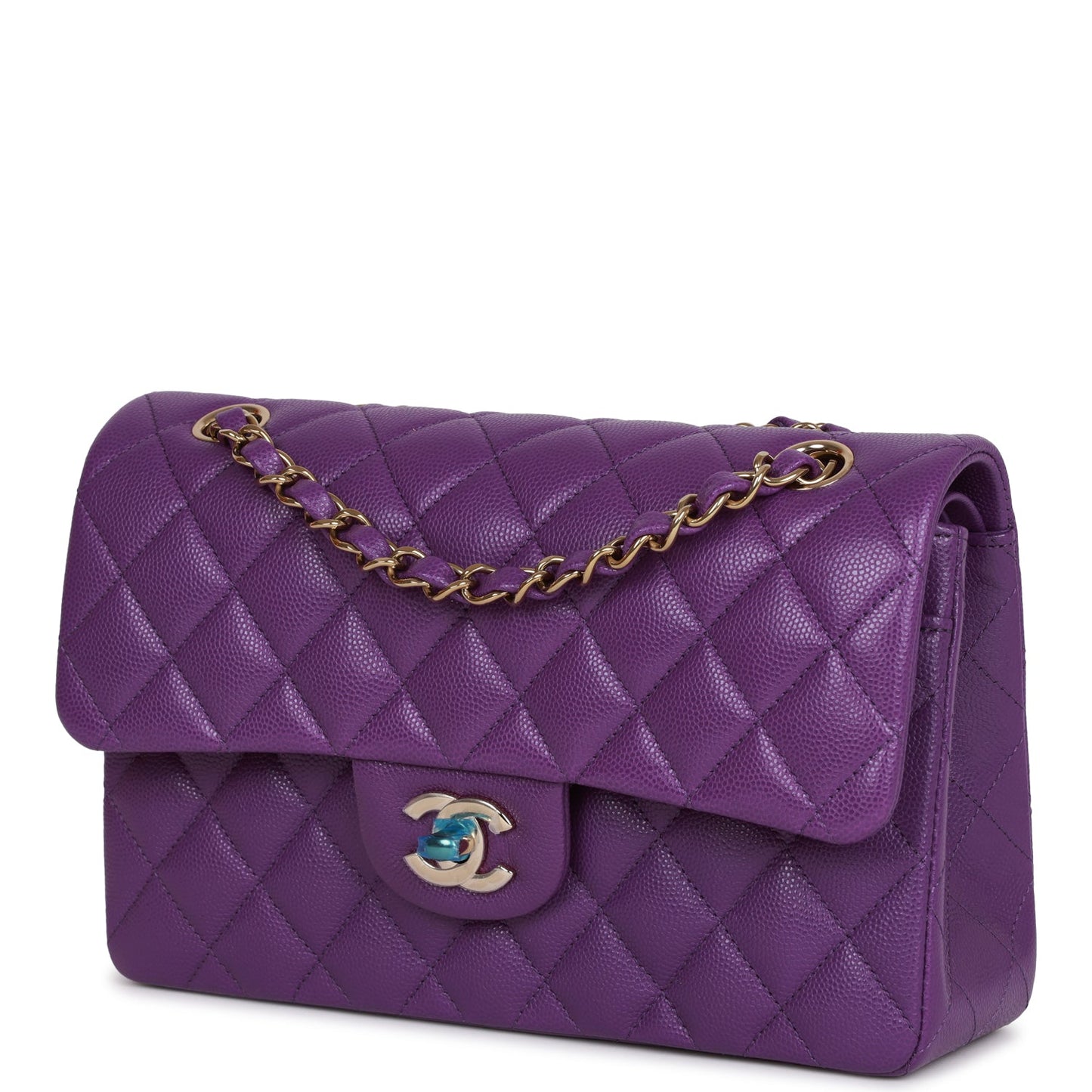 Chanel Small Classic Double Flap Purple Caviar Light Gold Hardware