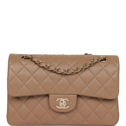 Chanel Small Classic Double Flap Dark Beige Caviar Light Gold Hardware