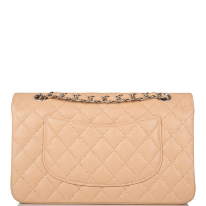 Chanel Beige Quilted Caviar Medium Classic Double Flap Bag Silver Hardware