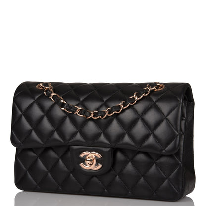 Chanel Small Classic Double Flap Bag Black Lambskin Rose Gold Hardware