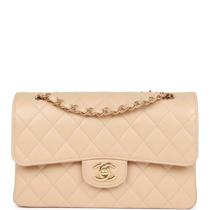 Chanel Small Classic Double Flap Beige Caviar Light Gold Hardware