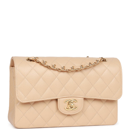 Chanel Small Classic Double Flap Beige Caviar Light Gold Hardware