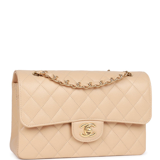 Chanel Small Classic Double Flap Beige Caviar Light Gold Hardware