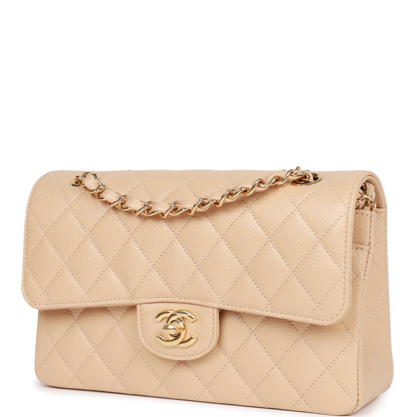 Chanel Small Classic Double Flap Beige Caviar Light Gold Hardware