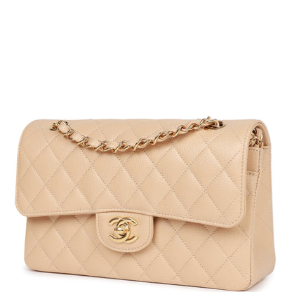 Chanel Small Classic Double Flap Beige Caviar Light Gold Hardware
