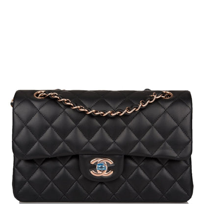 Chanel Small Classic Double Flap Bag Black Lambskin Rose Gold Hardware