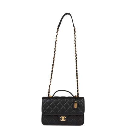 Chanel School Memory Top Handle Flap Bag Black Caviar Antique Gold Hardware