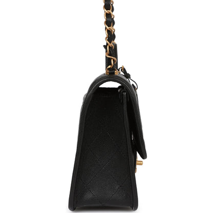 Chanel School Memory Top Handle Flap Bag Black Caviar Antique Gold Hardware
