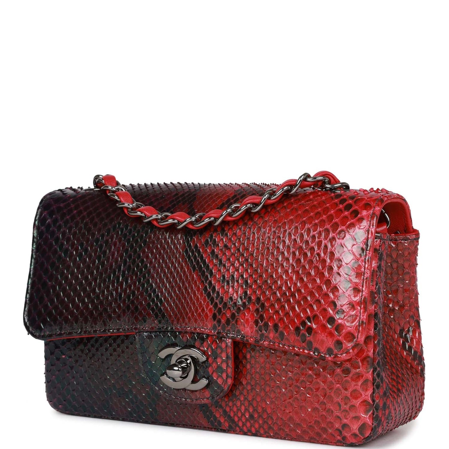 Chanel Mini Rectangular Flap Bag Red and Black Python Ruthenium Hardware