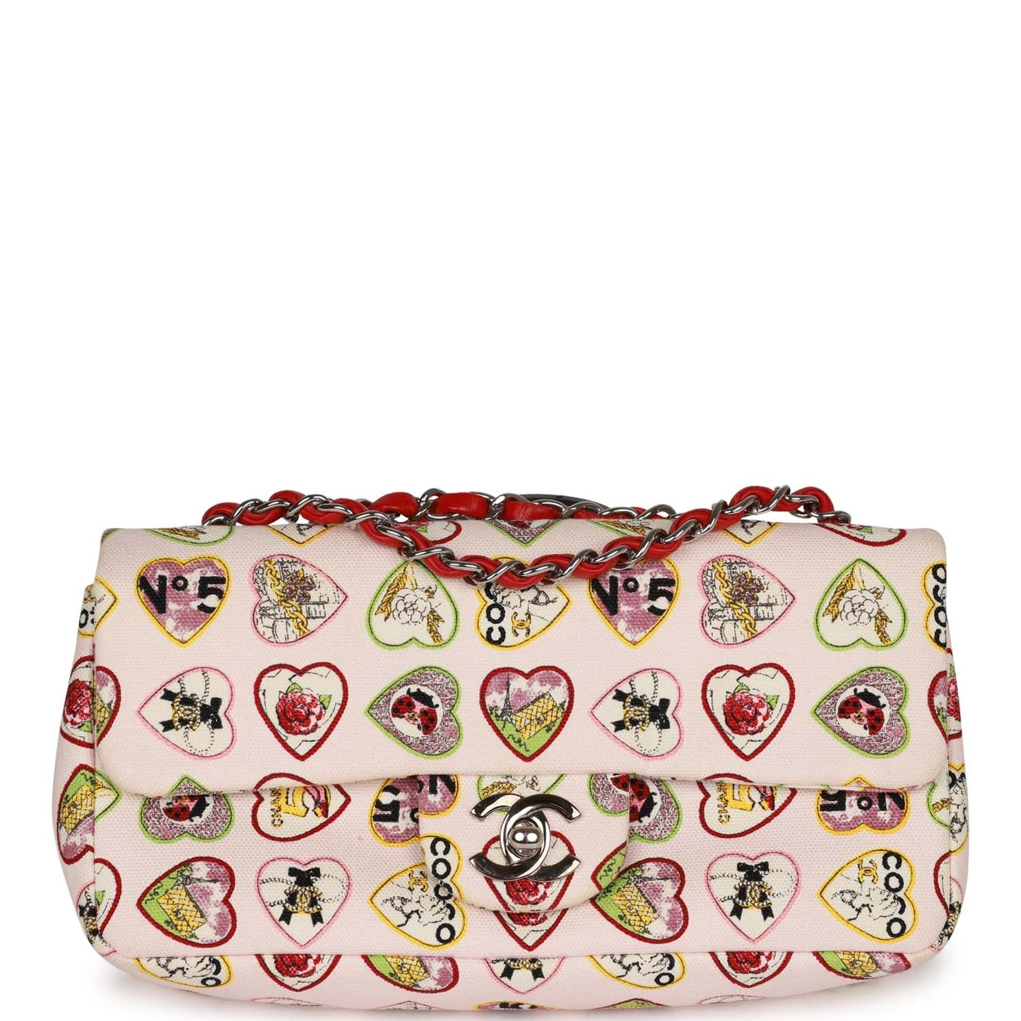 Chanel Small Classic Coco Heart Motif Flap Bag Multicolor Canvas Silver Hardware