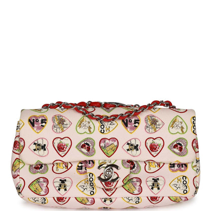 Chanel Small Classic Coco Heart Motif Flap Bag Multicolor Canvas Silver Hardware